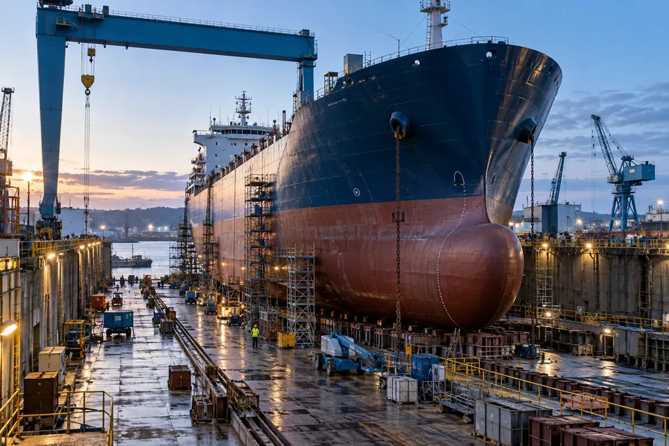 Commercial vessel in a modern shipyard dry dock