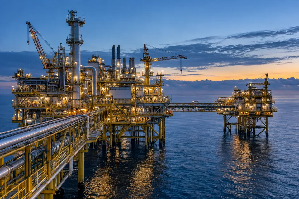 Offshore oil and gas production platform at blue hour