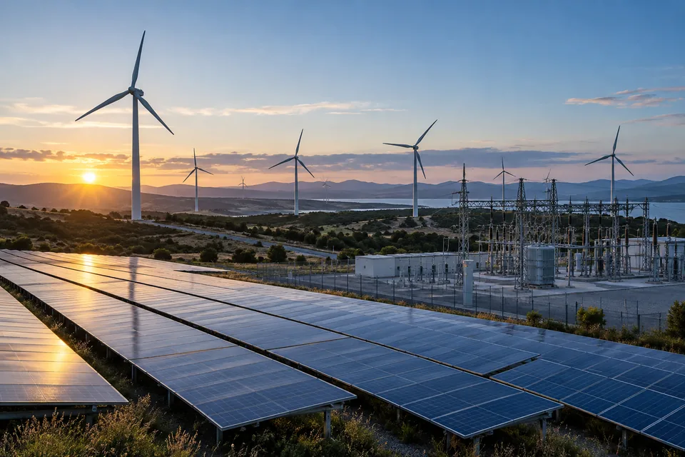 Wind turbines, solar arrays and renewable energy substation