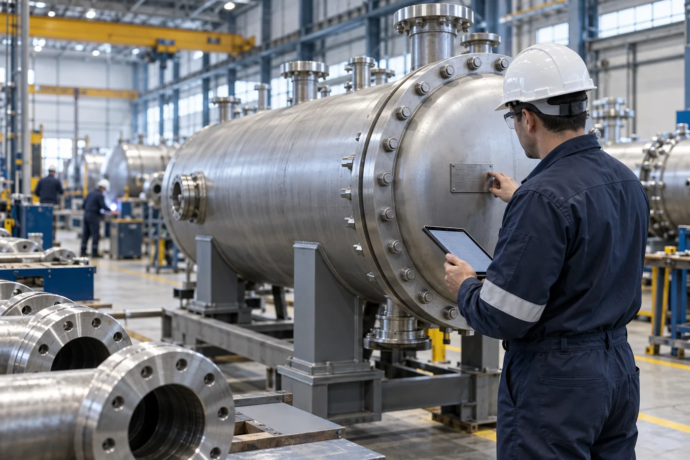 Industrial inspector examining pressure equipment in a fabrication facility